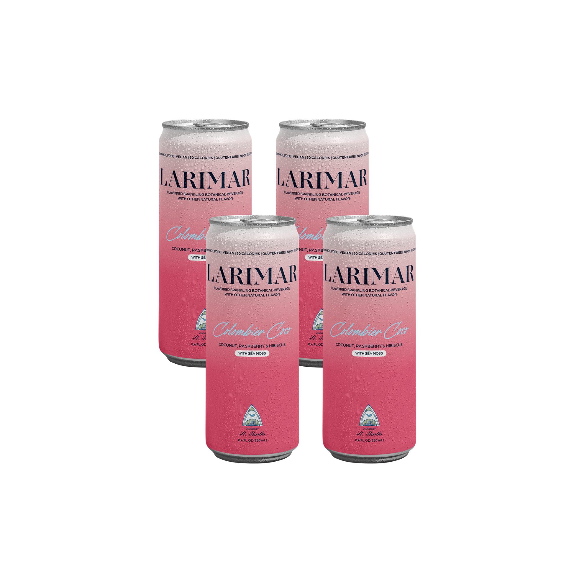 Four Larimar canned drinks on a blank background