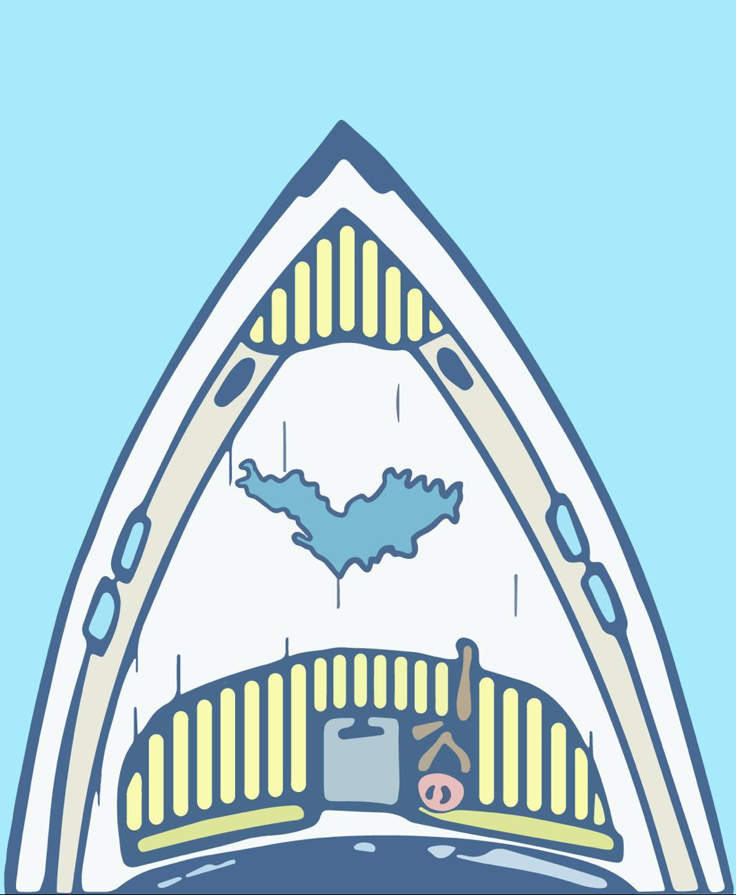 Illustration of a shark fin with a stylized cityscape inside on a light blue background