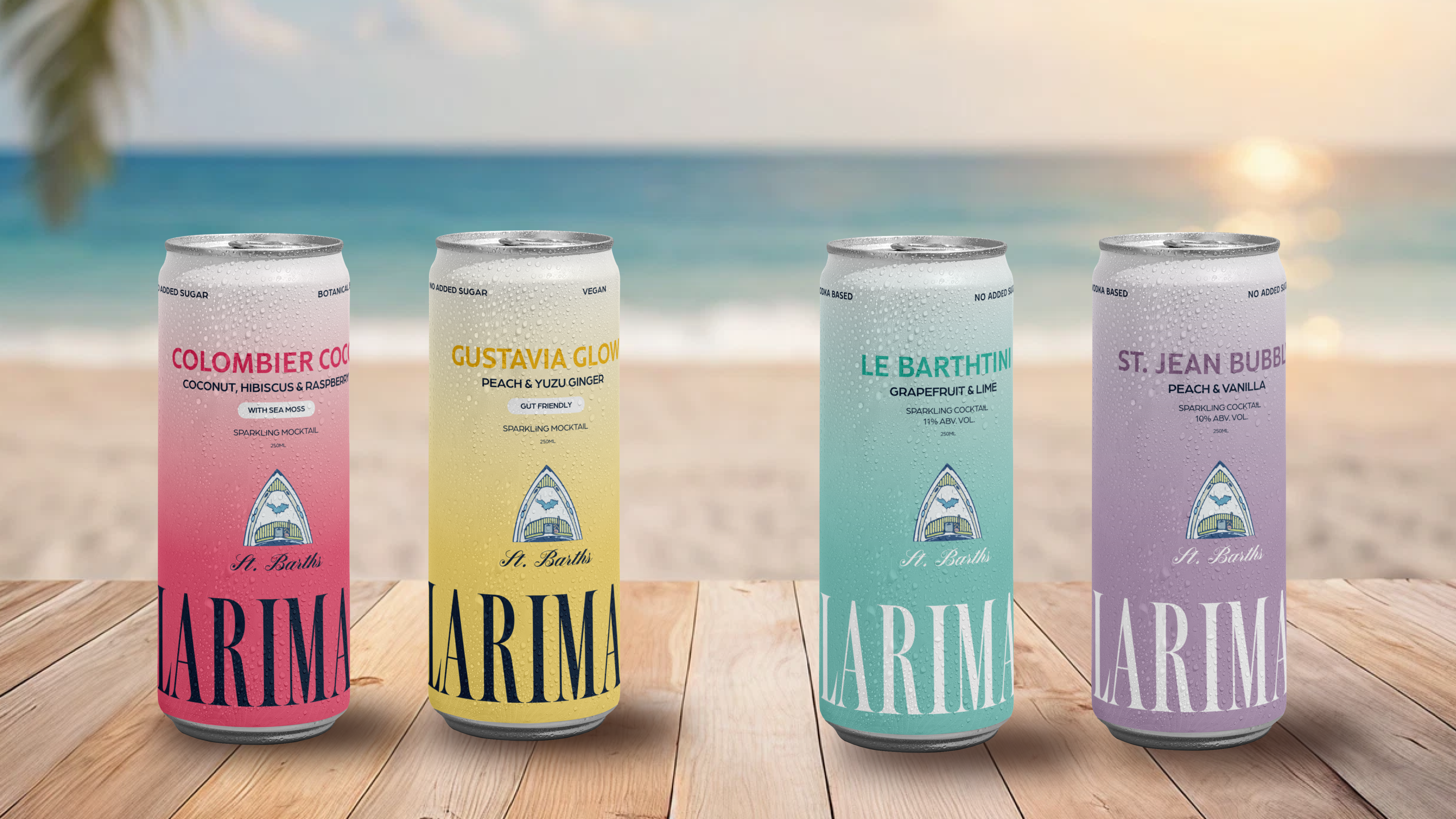 Four cans of Larimar with colorful labels on a wooden surface with a beach background.